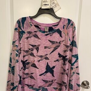 Magnolia Pearl Evenfall Lavender Bird Print Long Sleeve Top